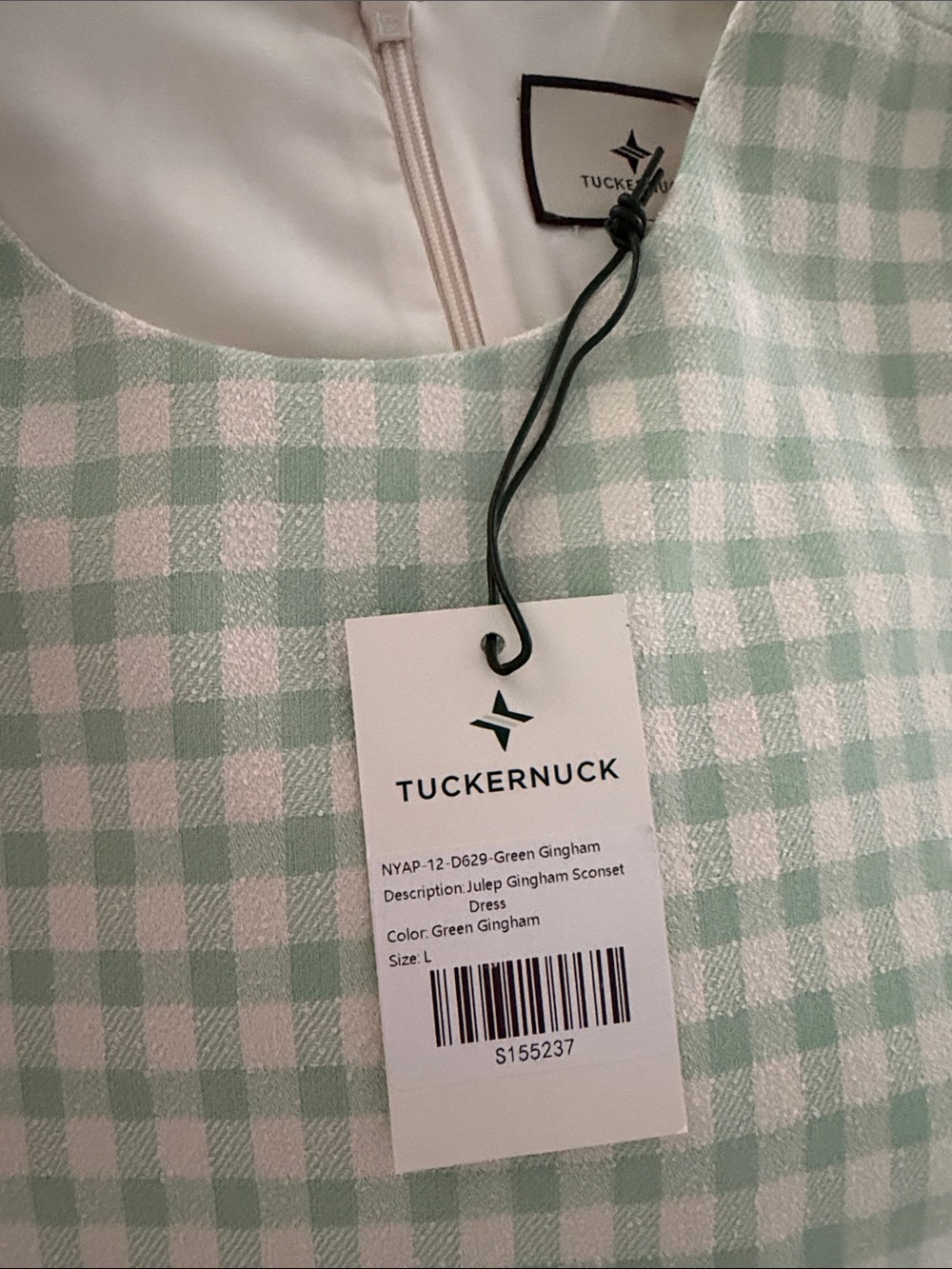 Tuckernuck mint green & white Gingham Mini Dress green check print NEW Size L - Picture 11 of 13